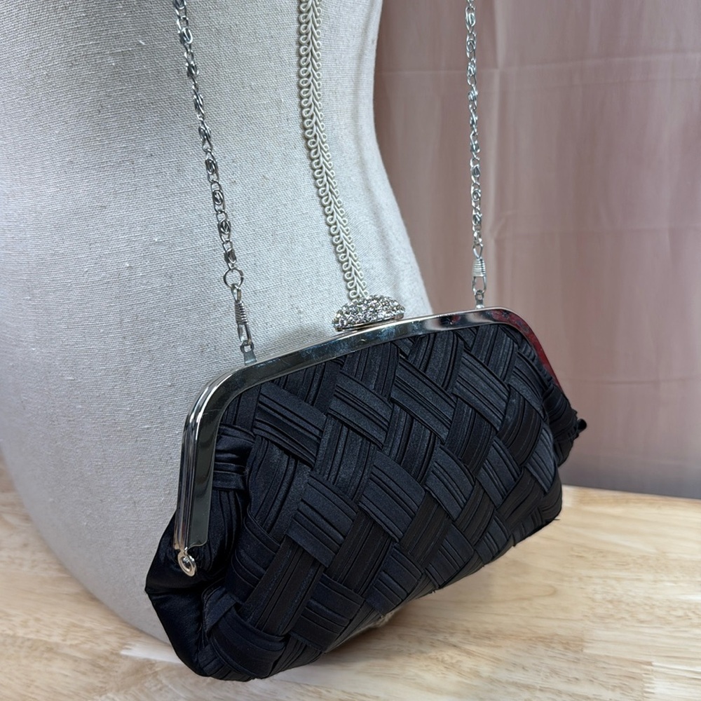 Lulu Townsend Black Satin Lattice Weave Clutch/Shoulder Bag Rhinestone Clasp